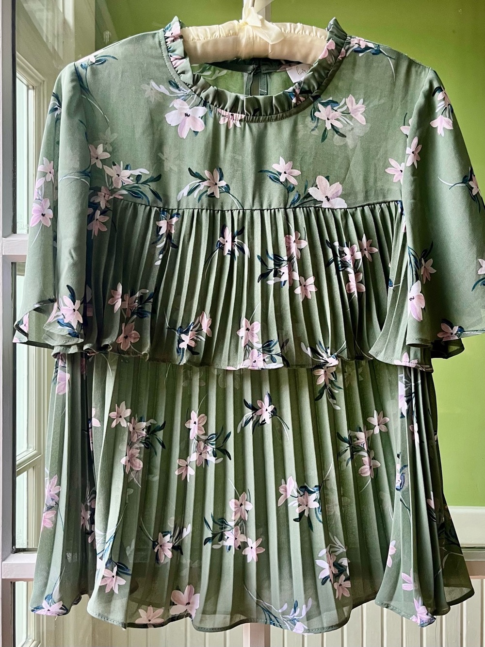 Love & Piece Sweet Olive Green Floral Pleated Ruffle Blouse with Flutter Sleeves